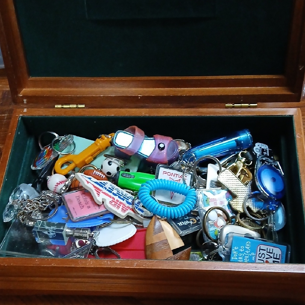 Assorted Keychain Collection in Wooden Box